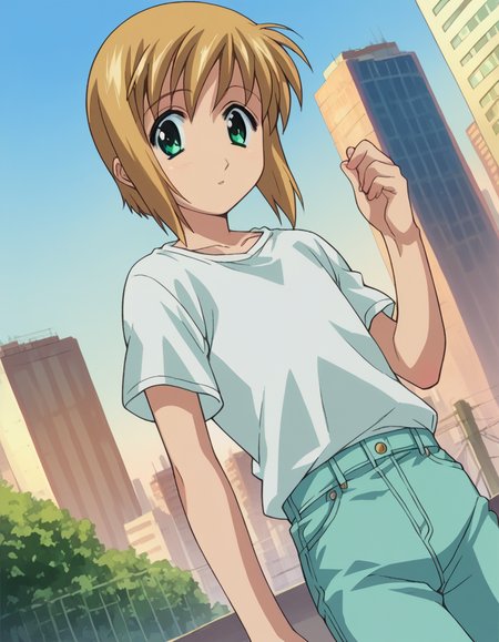 score_9, score_8_up, score_7_up, source_anime,
bokunopico, <lora:boku-no-pico-ponyxl-lora-nochekaiser:1>
pico, short hair, green eyes, blonde hair,
shirt, white shirt, pants,
outdoors, cityscape,
looking at viewer, dutch angle, cowboy shot,