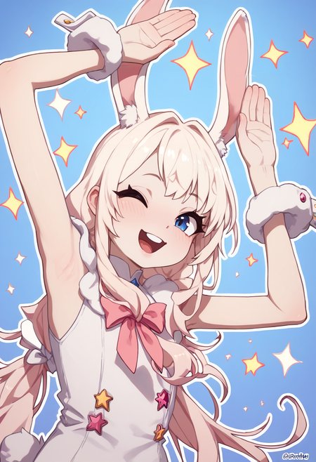 score_9, score_8_up, score_7_up, score_6_up, score_5_up, score_4_up,
Cromachina,
close-up rabbit ears, girl, happy, hands above head, rabbit pose,
((white outline):2),  colorful, 
(abstract background),  white stars,  blue background, dutch angle, 
<lora:Cromachina_v2:1>