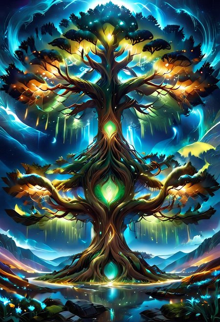 A captivating night scene illustration Yggdrasil tall on a large snowy mountain overlooking a lake. lthndrtrl, Yggdrasil, emits a warm glow, highlighting its incredible magic and grandness. The snowy  hill is covered in great pine trees, reflecting on the calm, moonlit snow  that mirrors the silvery moonlight. The full moon graces the sky, casting an ethereal glow on the clouds and mountain, while wispy clouds partially obscure its brilliance, adding to the scene's mystique. Twinkling stars dot the sky, creating a celestial tapestry that harmonizes with the moon's radiance. This enchanting artwork captures a serene and peaceful night, where the illuminated Yggdrasil stands resolute amidst the celestial beauty, creating a cinematic experience., illustration, cinematic, lthndrtrl, Yggdrasil
<lora:DonM3t3rn1tyXL-v1.1:0.7>, DonM3t3rn1tyXL,
OverallDetailXL  <lora:MJ52:0.3>  <lora:SDXLFaeTastic2400:0.4>  <lora:EpicF4nta5yXL:0.7>