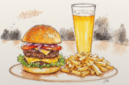 Sharp image of a rough sketch, rendered in vibrant multi colour ballpoint pen, capturing the adorable features of a burger and a glass of beer on a wooden table. The burger is made with a sesame seed bun and is topped with lettuce, tomato, and onion. The bun is golden brown and appears to be freshly cooked. The tomato is sliced and juicy, and the onion is cooked to a medium-rare. Next to the burger, there is a pile of french fries. The background is blurred, but it seems to be a restaurant or bar setting.  p3nsk, <lora:p3nsk:1>