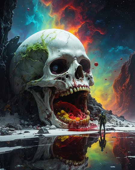 zombie, white marble crypt, sexy, water, reflections, blood, realistic photo, hard science fiction, technology,  deepest black space, stars, colorful nebula, brilliant color, indigo, crimson, yellow, green, <lora:add-detail-xl:0.75>,  <lora:xl_more_art-full_v1:0.5>   <lora:John Harris Style:1> John Harris Style page,  ziprealism
