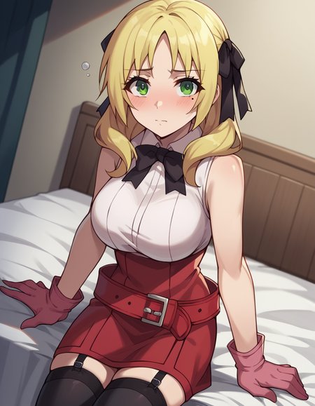 score_9, score_8_up, score_7_up, source_anime, <lora:esther-rosenthal-acc1-ponyxl-lora-nochekaiser:1>, esther rosenthal, long hair, blonde hair, green eyes, mole, mole under eye, black ribbon, black bow, hair ribbon, large breasts,, skirt, shirt, thighhighs, gloves, bow, ribbon, bare shoulders, white shirt, sleeveless, belt, black thighhighs, miniskirt, bowtie, sleeveless shirt, red skirt, garter straps, red gloves, high-waist skirt, pink gloves,, indoors, bed, bed room, on side, blush, drunk, looking at viewer, solo,, cowboy shot, dutch angle