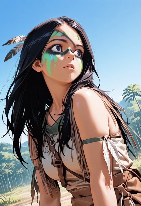 masterpiece, best quality, amazing quality, very aesthetic, absurdres,  newest, detailed background, upper body, outdoors, dynamic angle, 4k, 8k, jungle
naruprey, solo, 1girl, black hair, long hair, green facepaint, black facepaint, multicolor facepaint, feather hair ornament, tribal, 
 <lora:Naru_-_Prey_Illustrious:1>