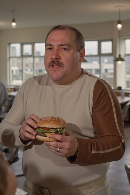 a fat man with moustache wearing beige s1999unf with right brown sleeve eating a burger in an empty mess hall<lora:S1999_FLUX><lora:aidmaMJ6.1-FLUX-V0.1:0.6><lora:Movie_Portrait><lora:Flux DetailerV2>