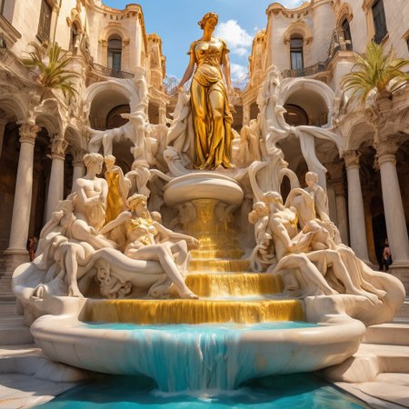 In urban futuristic city centre, liquid marble monument, of citizens giving thanks on steps, below Goddess of Justice, embrace, Rococo fountain of gold-leaf liquid marble steps flowing between Gaudi columns, Court of Justice