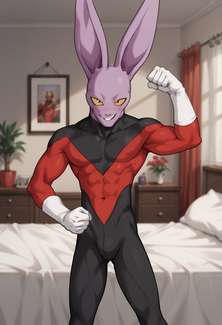 solo,  BREAK, , hetero,  monsterxgirl
 1boy,  <lora:Dyspo_DBZ:1> dyspo, long ear, antho furry male,  purple skin,  red suit,  flexing, standing,  bed, <lora:Pony_QualityV4.0:1.12> zPDXLxxx, zPDXLrl, zPDXL3