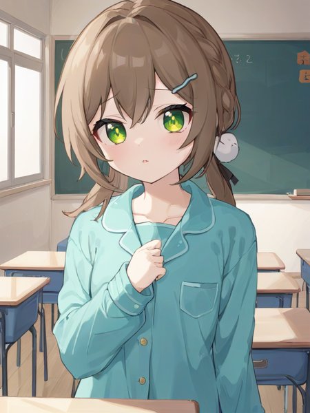 <lora:XL_qingque girl2:1>,qingque girl,green eyes,brown hair,cascadelle\(hairstyle)\,classroom,pajamas,