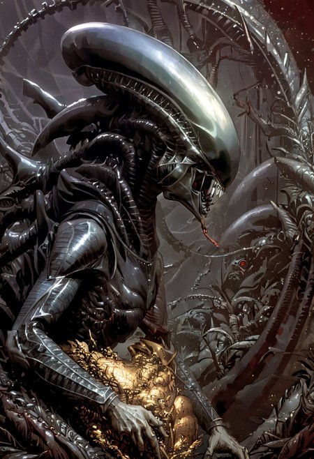 An insanely Detailed Divine Xenomorph, Golden and silver in color, cyberpunk, a crimson tinge to the golden color, Hyperdetailed, Omnipresent, Beautiful, Sinister overtones, otherworldly,