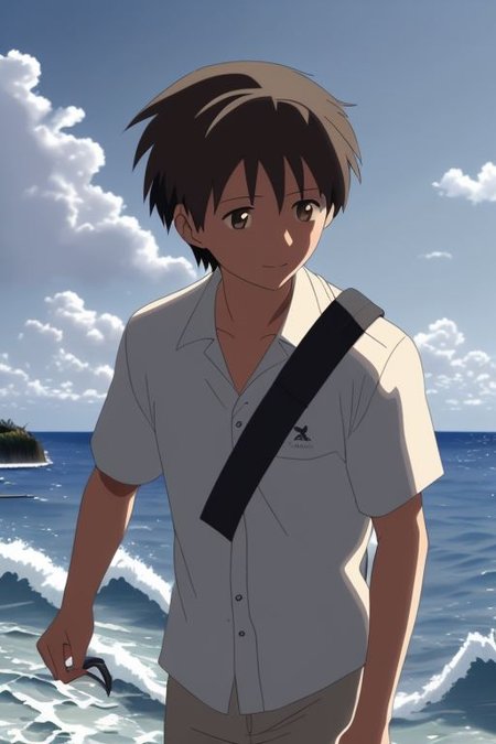 high resolution, solo, best quality, 1Boy, Takaki Toono, Brownish Hair, Brown Eyes, sea, bow cruise ship, stong wind, ocean, OverallDetail