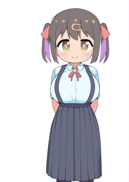 <lora:Pelican:1>,1girl, oyama mihari, huge breasts, aged down, arms behind back, black hair, black pantyhose, dot nose, feet out of frame, hair ornament, hairclip, light blush, long skirt, looking at viewer, multicolored hair, neck ribbon, pantyhose, purple hair, red ribbon, ribbon, school uniform, shirt, short hair, skirt, smile, solo, suspender skirt, suspenders, twintails, two-tone hair, white shirt, wing collar,