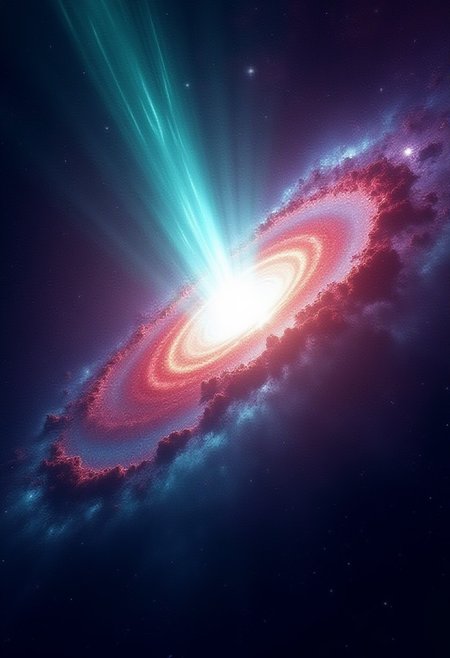 A breathtaking, highly detailed quasar tearing through the heart of a vibrant galaxy. The quasar’s dazzling accretion disc shines in fiery reds and electrifying greens, radiating chaotic energy. From its center, a colossal, vivid cyan beam of light blasts through the cosmic void, surrounded by swirling waves of luminous turquoise and neon blue. The galaxy is alive with countless stars and glowing nebulae in rich hues of deep purple, magenta, and electric blue, creating a mesmerizing and dynamic backdrop. Tendrils of cosmic dust and glowing filaments spiral around the quasar, adding to the intensity of the scene. Absurd resolution, masterpiece, 4k, highly detailed, with every inch bursting with energy and color