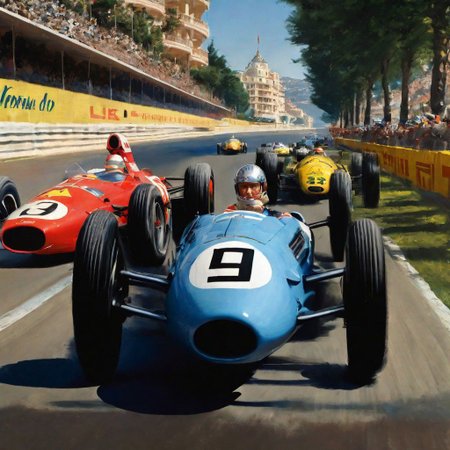 Monaco 1940s,Grand Prix,racing cars, one in front, cars behind blurred, all cars kept within frame,
frame of picture,racetrack,outdoors,
sky blue,day,motion blur to wheels, some dust, keep cars size proportionate and perspective,
 facing forward,
cloud,tree,blue sky,_p_style, all with drivers, racing drivers, drivers heads all facing forwards, all wearing helmets,red car, blue car, yellow car, green car,ferrari,text MONACO on barriers<lora:VintagePPXL:1>, (masterpiece, best quality, ultra-detailed, best shadow), high contrast, (best illumination), ((cinematic light)), colorful, hyper detail, dramatic light, intricate details, ultra detailed artistic photography, dreamy, backlit, shadows, ultra high definition, 8k, ultra sharp focus, ultra high quality, soft lighting, film photography, analogue photography, hyperrealism,
