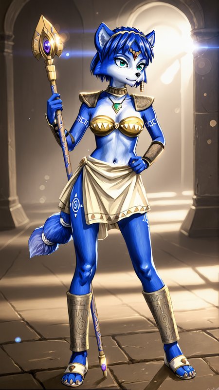 <lora:Krystal_Starfox_PonyXL:0.8> 1girl, Krystal, adventures, Krystal's staff, tail, <lora:RealisticAnime:0.8> (ultra realistic, 32k, masterpiece:1.2), (high detailed skin:1.1), (high quality:1.1), bokeh, luminescent background, score 9, score 8 up, score 7 up, score 6 up, score 5 up, score 4 up, BREAK,