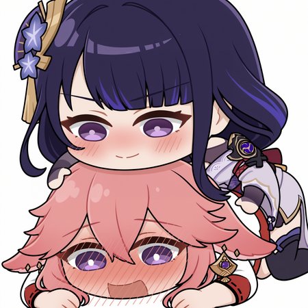 stbpy, blush, smile, simple background, 2girls, chibi, open mouth, full-face blush, closed mouth, sitting on person, white background, yae miko, raiden shogun,   <lora:so_true_besties_peg_you-14-NOOB-EPS.1.1:1.3>