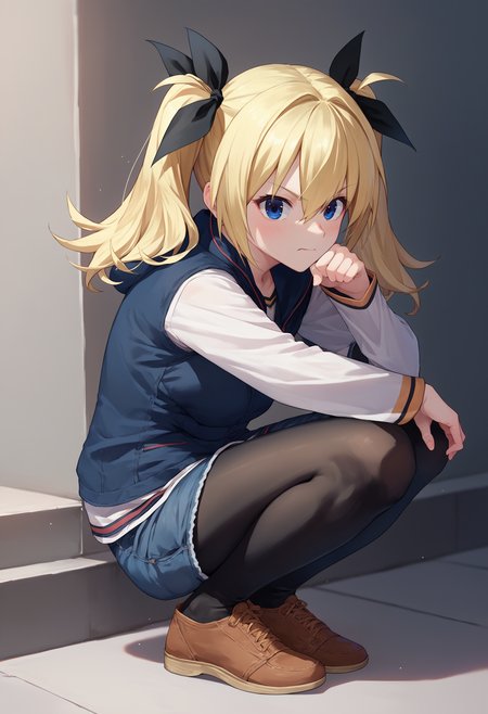 score_9, score_8_up, score_7_up, source_anime, 1girl,   <lora:ArimuraCAME-000008:1>, HinaCasual, blue eyes, blonde hair, twintails, black  hair ribbon, black hooded jacket, denim shorts, pantyhose,white sleeves, squatting,