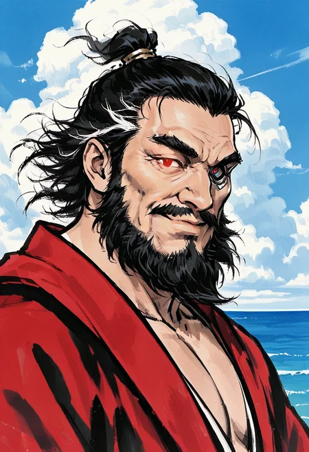1boy, (portrait:1.75), (looking at viewer:1.25), male focus, dutch angle, (smile), closed mouth, from side,
BREAK
red robe, floating hair, warrior, topknot, red eye, (mechanical eye:1.5), glowing eyes,
BREAK
old man, warrior, streaked hair, black hair, short hair, beard, thick eyebrows, long sideburns, thick mustache, large pectorals, thick arms, belly, black eyes, plump,
BREAK
<lora:Ink_wash_painting_style_v2.0:0.8> ocean, cloudy sky, cumulonimbus cloud, high contrast, traditional media, retro artstyle,
BREAK
bara, best quality, masterpiece, very aesthetic, absurdres, highest detailed, very awa, detailed background,