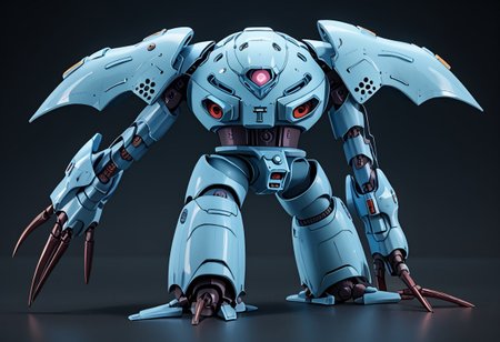 score_9, score_8_up, score_7_up, source_anime, front view, BREAK,  ( hygogg, blue_hygogg_armor, pink monoeye, from side, looking at viewer, long arms, very long arms, long claws) 1mech, blue mech, wide mech, large shoulders, large shoulder armor, mech focus, solo, BREAK, two arms, GreyK40k