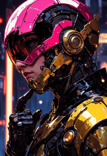 A futuristic cyberpunk female wearing a Judge Dredd-inspired helmet with neon pink and gold accents. Highly detailed black leather jacket with glossy reflections, intricate golden armor and accessories. Sci-fi art with cinematic lighting, and anime aesthetics. close-up portrait with