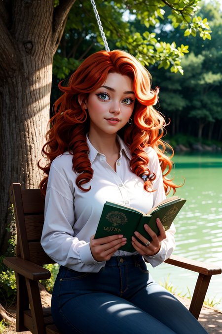 1girl, big hair, curly hair, long hair, long sleeves, looking at viewer, orange hair, red hair, ringlets, shirt, solo, wavy hair, lake, nature, dappled sunlight, flower, tree,swing,  reading, 
masterpiece, best quality, intricate details, <lora:backlight_slider_v10:-0.5> <lora:contrast_slider_v10:3>      <lora:weight_slider_v2:0.7>