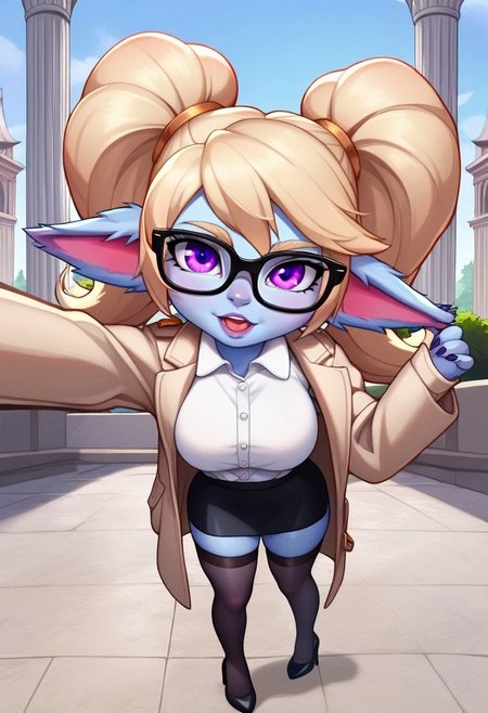 score_9,score_8_up,score_7_up,detailed eyes, beautiful, detailed background, perfect eyes,source_anime, very aesthetic, anime screencap, anime coloring,source_furry,
1girl,Poppy,lol,yordle,colored skin,blue skin,large breasts,large thighhighs,fluffy ears,blonde hair,twintails,purple eyes,
 Long black heels, black skirt,white shirt,beige coat,glasses,In Paris, under the Eiffel Tower, taking a selfie,air kiss,winks,
