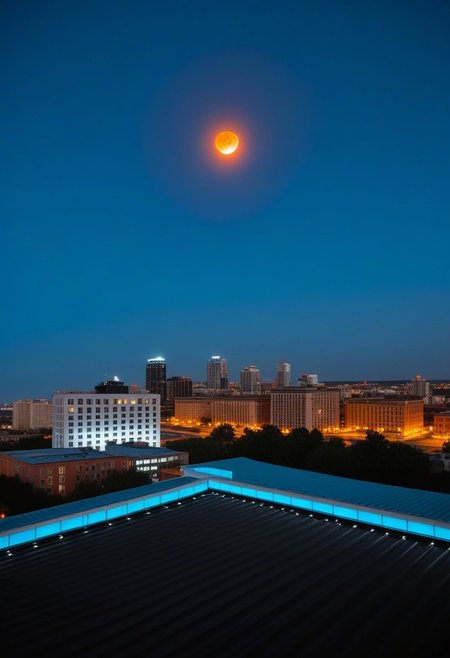 sparse high-stratus clouds barely illuminated by the subdued light of the red-orange city lanterns, a dark purple halo near the bright moon, a square building with a black roof dotted with bright white windows, next to which to the right there is a square building with subdued black windows and only the bottom illuminated by a white lantern is visible, between these two buildings and behind the first white one another building with white windows is visible, above the black building rises somewhere half as high a building with a white and turquoise mesh of burning windows, above this building a red LED is already visible, to the right of the black unlit building a little in the distance stands a building 25 percent lower, 75 percent thinner, with a black roof along the perimeter of which an LED strip is laid and in each corner of the roof there is a bright blue LED, this is a smaller building elongated forward, behind which on the horizon a gray building with a black stripe in the middle is visible. and even further two rectangular buildings with light turquoise windows. To the right of the dark building, you can see the blue roof of a skyscraper, square, twice as big in area, behind it stands a rectangular skyscraper with unlit windows, barely illuminated by the blue and white light of the street, the bottom of the street is dotted with rectangular dotted yellow square pixels.