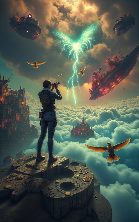 A vivid steampunk scene above the clouds in the floating city of Ishtar,centered on a female watcher with a mechanical arm and an old pilot suit,standing atop a colossal gear tower. She peers into a thunderstorm with a brass telescope. Behind her,flying whale-shaped airships carry glass domes filled with ancient plants,circling the glowing mechanical heart that powers the city. The background glows with crimson light from steam vents and rotating gear circuits,while electric arcs dance across a storm beast shaped like a dragon. Feathered mechanical doves dart through the clouds carrying scrolls. A mechanical angel with golden wings awakens in the misty distance. (vivid style, cinematic lighting, wide angle, high detail).,<lora:aidmaMJ6.1_v0.5_3:0.6>,aidmaMJ6.1,<lora:detailifier_sd3.5:1>,detailifier,