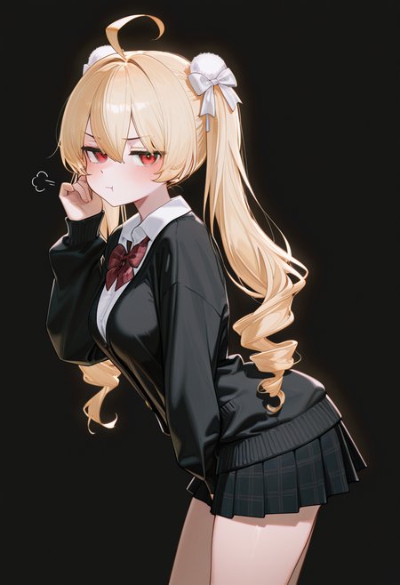 masterpiece, best quality, amazing quality, 1girl, [healthyman, mameojitan, wanke], [ciloranko], TTBG, blonde hair, long hair, ahoge, red eyes, hair between eyes, twintails, hair bow, white bow, ringlets, pom pom hair ornament, white shirt, collared shirt, black cardigan, plaid bowtie, red bowtie, miniskirt, plaid skirt, black skirt, pleated skirt, caststation illu, black background, simple background, from side, standing, hand up, arm between legs, tucking hair, looking at viewer, jitome, pout, :T, blush, medium breasts