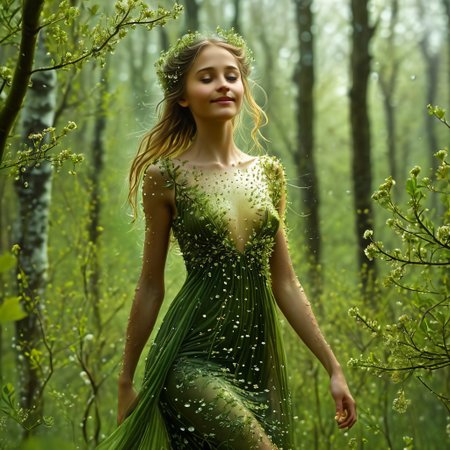 epiCRealism, (masterpiece, extremely detailed, highest quality),the queen of the forest is the most beautiful creature in the woods, cute, sensual, wears a see through dress made of tiny interwoven leaves, light, carefree, smile and happy, levitating just over the flowers in her glade among old oaks and willows, her hair floats behind her long and green full of small flowers, it is springtime and a storm has just finished leaving trillions of drops and the air is full of birds, bees, insects and a myriad of small seeds, the Sun shines glorious among the heavy stormy clouds sending its rays down to the glade like columns of light