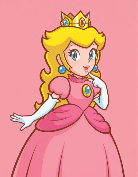 <lora:SuperPeachIllustrious1.0JLFO-000015:1> superp, 1girl, blonde hair, crown, long hair, pink dress, elbow gloves, jewelry, earrings, brooch, solo, blue eyes, lips, smile,simple background, looking at viewer, cowboy shot,open mouth,