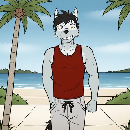 safe_pos, safe_pos, artwork, digital artwork, colourful source_e621, score_9, score_8_up, score_7_up, score_6_up, score_5_up, score_4_up, solo, duke, male, wolf, wolf boy, yellow eyes, white sclera, short hair, tail, looking at viewer, seductive, suggestive, smug, detailed face, detailed mouth, detailed teeth, perfect mouth, perfect teeth, perfect eyes, perfect face, standing, wearing sweatpants, wearing red tank top, clothing, outdoors, outside, park, detailed background, natural lighting, sunlight, walking, beach, palm trees, sunny, detailed eyes, detailed face, detailed mouth, black hair, black tail, 