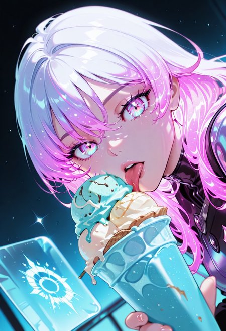 masterpiece, best quality, good quality, very aesthetic, absurdres, newest, 8K, depth of field, focused subject, 
close up, dynamic angle, dutch angle, wabi sabi, woman, licking ice cream, holographic ice cream, holofoil glitter ice cream, faint, glowing, ethereal, neon hair, glowing hair, long hair, looking at viewer,
ckym, in the style of ckym,wfus3
