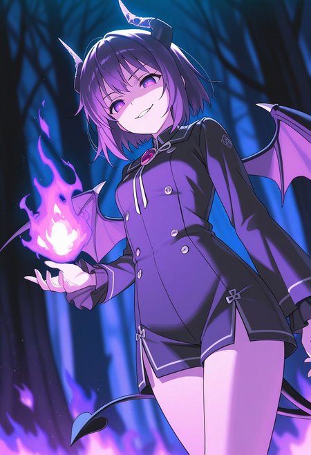 masterpiece, best quality, high quality, high details, source_anime, score_9, score_8_up, score_7_up, extremely detailed,
1girl, demon, short horns, cracked horn, small demon wings, purple eyes, bright eyes, evil smile, dinamic pose, casting fireball, magic effects, mana around body, magic aura,
Burning forest, burning trees, purple fire, dark blurry background, cinematic light, night time, purple theme, dark colours, low angle,