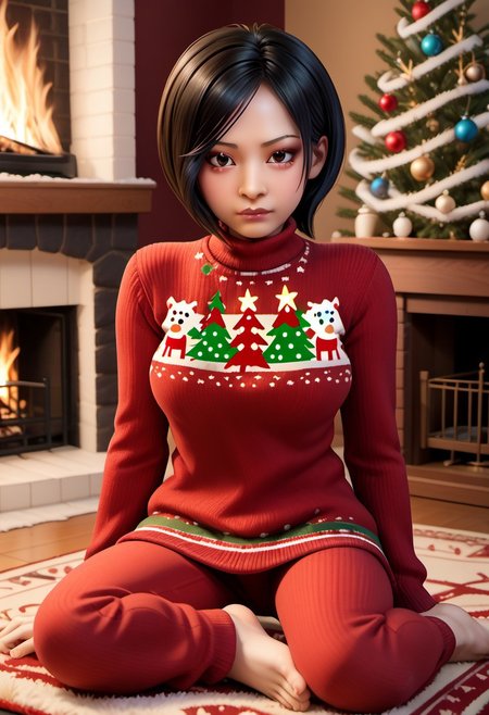 zPDXL3,<lora:BeautifulCAT_PDXL:.8>,  <lora:christmas-sweater-ponyxl-lora-nochekaiser:1>,christmas sweater, ugly sweater, print sweater, christmas tree, christmas ornaments, sweater, multicolored sweater, inside living room, 
Ada Wong, RE4, asian facial features, almond-shaped eyes, bob cut hair, Black, straight hair, large breasts, sitting, seiza, on carpet, fireplace, night time, feet,