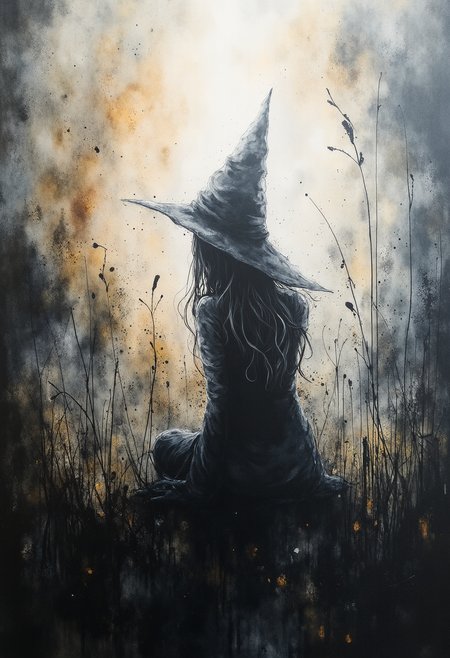 Embrace a captivating fusion of Impressionism and Minimalism in this simplistic yet emotionally charged painting depicting a secretive witch seated alone amidst an abstract landscape. The focus lies primarily on her slender silhouette, accentuated by linear shapes and clear lines that create a sense of calm elegance. Gently curving edges give way to reduction and uniformity of form, highlighting her essence while reducing extraneous detail.  The color palette revolves around muted yet rich hues that capture the essence of dusk or dawn, emphasizing the mysterious ambiance that surrounds her. Soft illumination envelopes the scene, creating a mood of solitude and introspection. Impressionistic brushstrokes add subtle texture and movement to the scene, encapsulating the spirit of both art movements in a harmonious blend.  This minimalist portrayal transcends traditional expectations of painting style, challenging the viewer to appreciate simplicity and the power of suggestion in capturing the depth of emotion and story within each line and curve. ,<lora:flux/fav/paintart-style-015-v1-0-flux.safetensors:1.0:1.0>