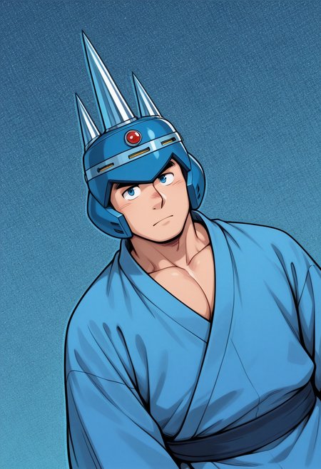 masterpiece, best quality, amazing quality, dutch angle, abstract background, BREAK
1boy, solo, male focus, bara, adult male, mm3_needle, helmet, blue eyes, android, mecha, yukata, japanese clothing, BREAK
<lora:cfg_scale_boost:.6>  <lora:Needle_Man_-_Mega_Man_3_-_ILXL:1>
