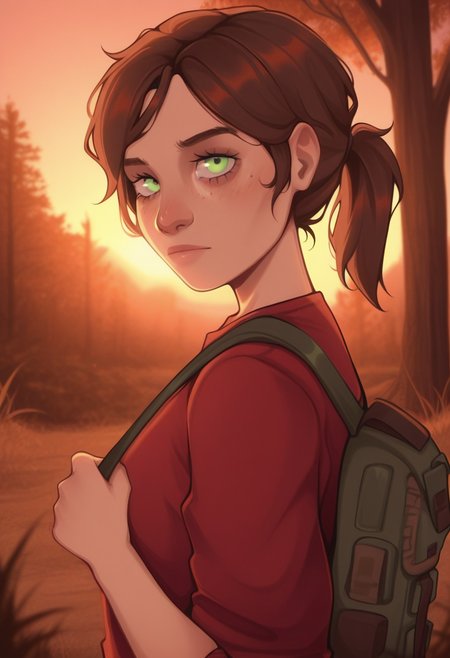tozierstyle, masterpiece,  best quality, solo, ellie\(the last of us\), green eyes, ponytail, freckles,  wooded area, trees, backpack,,  red shirt, sunset, warm colors,