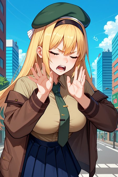 score_9, score_8_up, score_7_up, score_6_up, source_anime, 1girl, solo, <lora:m1garand-pdxl-nvwls-v1-000005:1> gflm1, blonde hair, long hair, beret, black hairband, green necktie, beige shirt, collared shirt, brown jacket, blue skirt, pleated skirt, black pantyhose, big breasts, closed eyes, squint, annoyed, open mouth, blush, hands up, blue sky, city, teeth