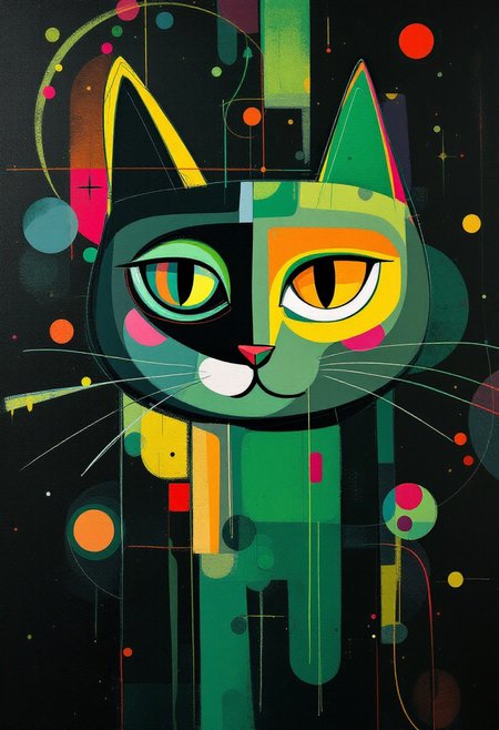 abstract expressionist painting Pop Art and cubism early 20 century, straight lines and solids, cute cat face without body, (((warm colors))), green, intricate details, hologram floating in space, a vibrant digital illustration, dribbble, quantum wavetracing, black background, behance hd, vivid colors, flat color, 2D, strong lines, Pop Art . energetic brushwork, bold colors, abstract forms, expressive, emotional