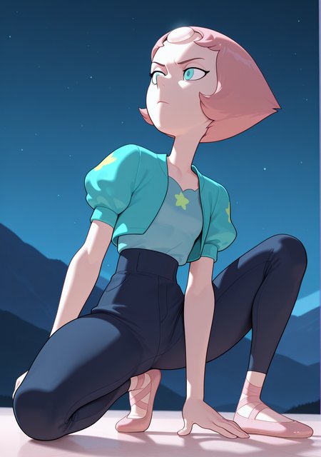 masterpiece, best quality, absurdres, amazing quality, 1girl, solo, small breasts, <lora:IlluPearl:0.9> illupearl, short hair, pink hair, blue eyes, aqua cropped  jacket, dark blue shirt, shirt tucked in, dark blue pants, puffy short sleeves, pink footwear, serious, on one knee, mountain, ballet slippers, night,