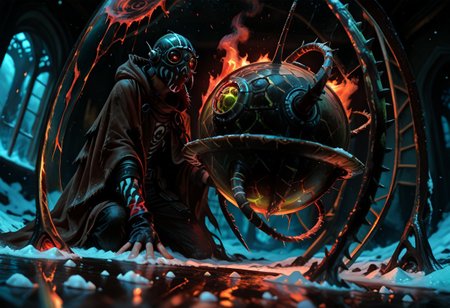 masterwork, masterpiece, best quality, wide angle, scene, depth of field, high detail, deep colour, high contrast, highly detailed, epic cinematic concept art, (octane render:1.6), (3d shading:1.6),  dynamic lighting, (Dreamlike surrealist painting:1.8),
(the world is burning (inside a glass sphere:1.9) :1.5), watched by a demon, surreal female demon, red eyes, swirling cloak turning into threatening clouds,
snow, glowing footprints, burning tears scorch the land, eldritch, horror, gdv2-illu,