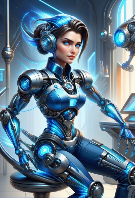 hyper detailed masterpiece, dynamic, awesome quality, DonMFmaXL female dentist,  senior, dainty, middle easterner, deep blue eyes, downturned ears, upturned nose,    prominent forehead,    , brunette updo hairstyle hair, nervousness, relaxed rest, character sits or leans against a surface, looking calm and at ease,  wearing  quantum energy shorts,  digital mesh tapered pants,   haptic feedback collar , robotic precision, character strikes a precise, mechanical pose, with rigidly angled limbs and straight posture, glitchy illumination, futuristic cocktails served by android bartenders, steampunk-cyberpunk fusion,  <lora:DonMFmaXL-000008:1>
