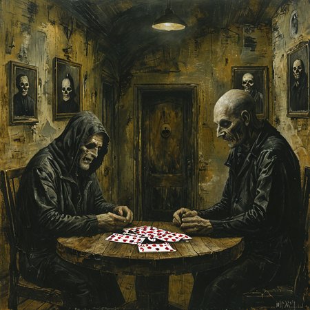 painting of Death and an old man playing cards on a round wooden table in a dark room
 <lora:tbh163-sdxl:1> style of Mike Worrall