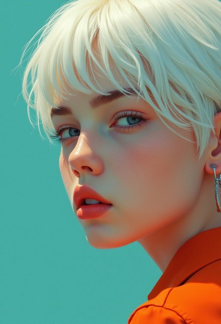 an image of a girl with white hair, in the style of ross tran, light teal and dark orange, guido van helten, close-up shots, comic art, realistic marine paintings, animated gifs