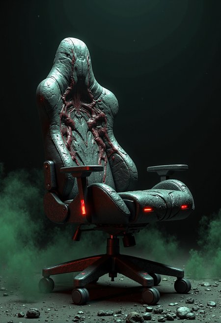 Photorealistic depiction of a gaming chair that embodies corruption and decay. The chair features jagged and distorted forms, with sharp, uneven edges that give it a menacing appearance. Its surface is a chaotic mix of blackened, cracked textures and oozing, tar-like streaks that seem to seep from within. Dark red veins pulsate faintly along its structure, as if the chair is alive with malevolent energy. The background is a pitch-black void, with faint, sickly green mist swirling around the chair. Harsh, unnatural lighting casts eerie shadows, amplifying the sense of dread and malevolence. Coaster on wheels