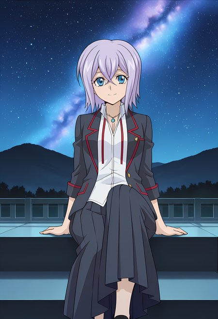 masterpiece,best quality,amazing quality,

1girl, solo, face focus,

Misaki Tokura (Cardfight Vanguard), short hair, purple hair, blue eyes, hair between eyes, school uniform, necklace, jewelry, shirt, jacket, blazer, long skirt, pleated skirt, black footwear,

looking at viewer, smile, 

cinematic, 

Sit, leaning back, with two arms, ,

bloom, night, at mountain, galaxy sky, 

Official style, anime screencap, anime coloring, 
















