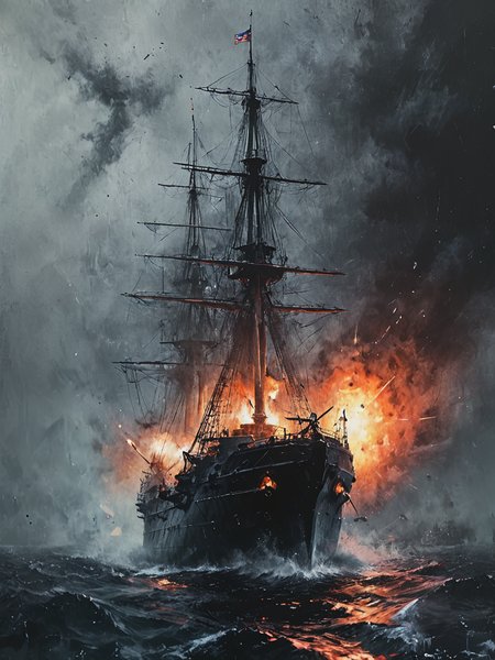 cruiser battleship sailing,  cannons fired,  full of hidden details, realistic brushstrokes,  extreme angles, historical accuracy, colorful, textured, patterned,  highly detailed, vibrant colors , 8k, sharp, professional, clear, high contrast, high saturated, , vivid deep blacks, crystal,  <lora:Desolation:0.8>
