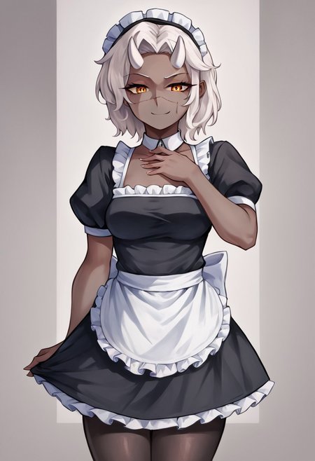 score_9, score_8_up, score_7_up, source_anime,cowboy shot, third-quarter view, (scar on face), (scar across nose), scar on nose, skin-cracking on face, solo, 1girl, calamitas, dark skin, grey skin, smug, looking at viewer, hand on own chest, white hair, amber eyes, demon horns, maid, maid outfit, maid attire, black pantyhose, maid headdress, <lora:terraria_calamitas_ponyXL:1> 