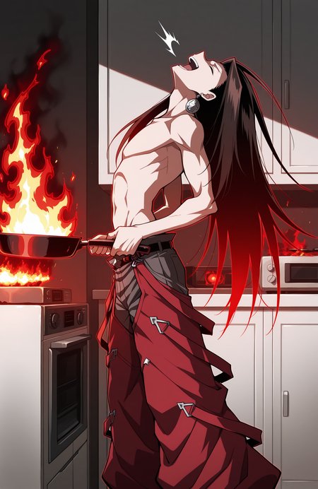 sk21_hao, solo, topless male, earrings, hao pants, feet out of frame,
from side, wide shot,
arched back, powering up, aura, fire, emebers, holding frying pan with roasted chiken, 
head back, open mouth, laughing, closed eyes, evil laugh, breathing_fire,
indoors, kitchen microwave,
best quality, masterpiece, highres,
<lora:[Char - IL] Shaman King - Asakura Hao (R1E12):1>