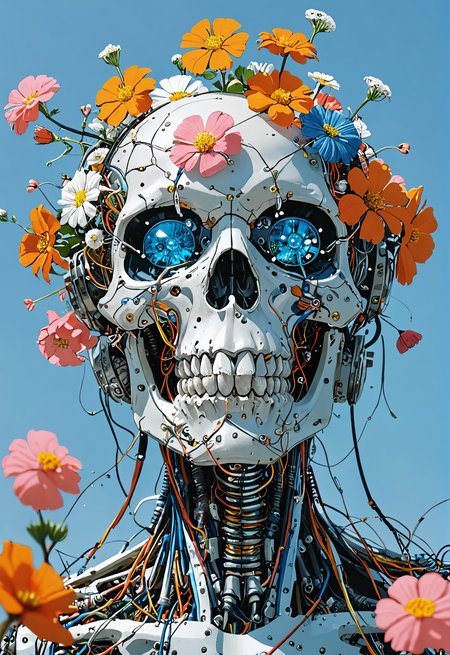 close up ,anime style skull with blue eyes and flowers growing out , Tsutomu Nihei, long shot,  blue sky background , Moebius, manga, robotic head, body covered in wires, vibrant colors, Katsuhiro Otomo,Retro-Futuristic Alpine Sci-Fi <lora:lazy:1>  <lora:MJ52:0.5>