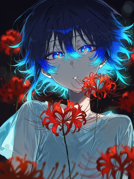 <lora:nai_ILL:0.8>,
kuroume, <lora:kuroume_style_for_illustrious:0.8>,
<lora:Glowing_Spot_Color_-_Illustrious:0.6>, glowing eyes, streaked hair, glowing inner hair, glowing streaks,
looking at viewer, short hair, bangs, blue eyes, shirt, hair between eyes, blue hair, upper body, flower, short sleeves, multicolored hair, parted lips, shiny, artist name, blurry, shiny hair, see-through, eyelashes, depth of field, 1other, lens flare, blurry foreground, multicolored eyes, spider lily,